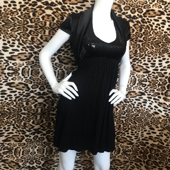 Plunging Neckline Black Sequin H & M Dress w/ Satin Le Chateau Bolero Jacket - Picture 6 of 15